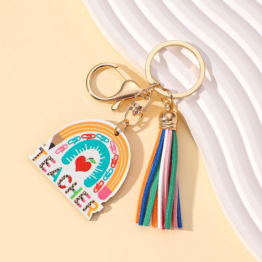 Wholesale Wooden Rainbow Tassel Teacher's Day Gift Keychain